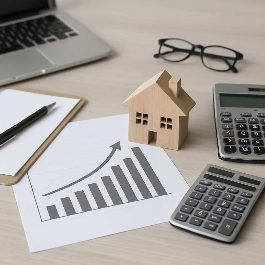 Maison modèle en bois sur bureau avec diagramme de tendance ascendante Ordinateur portable et calculatrice en perspective surélevée