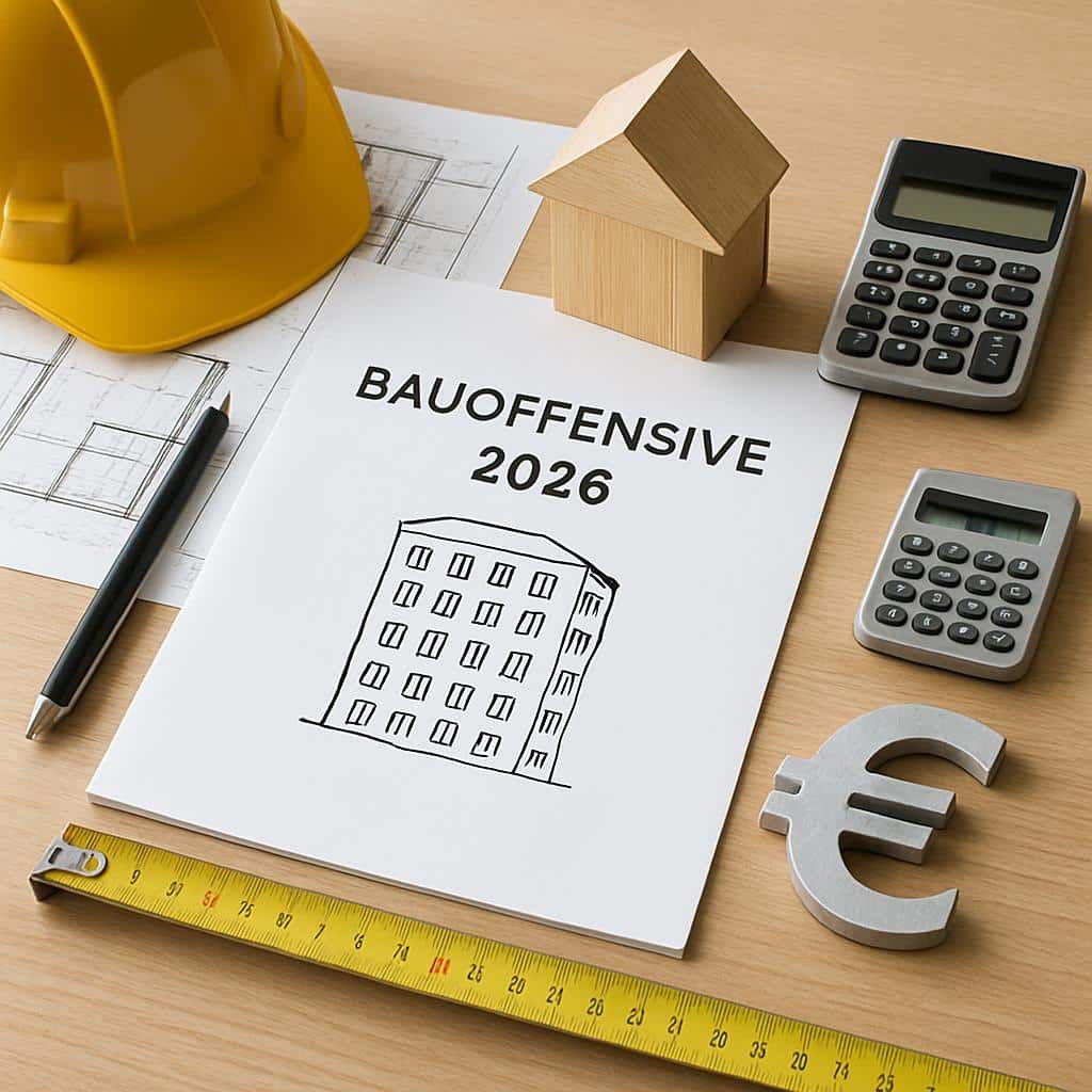 Konzeptbild mit Papier BAUOFFENSIVE 2026 und skizziertem Wohnhaus umgeben von Bauhelm Modellhaus Taschenrechner