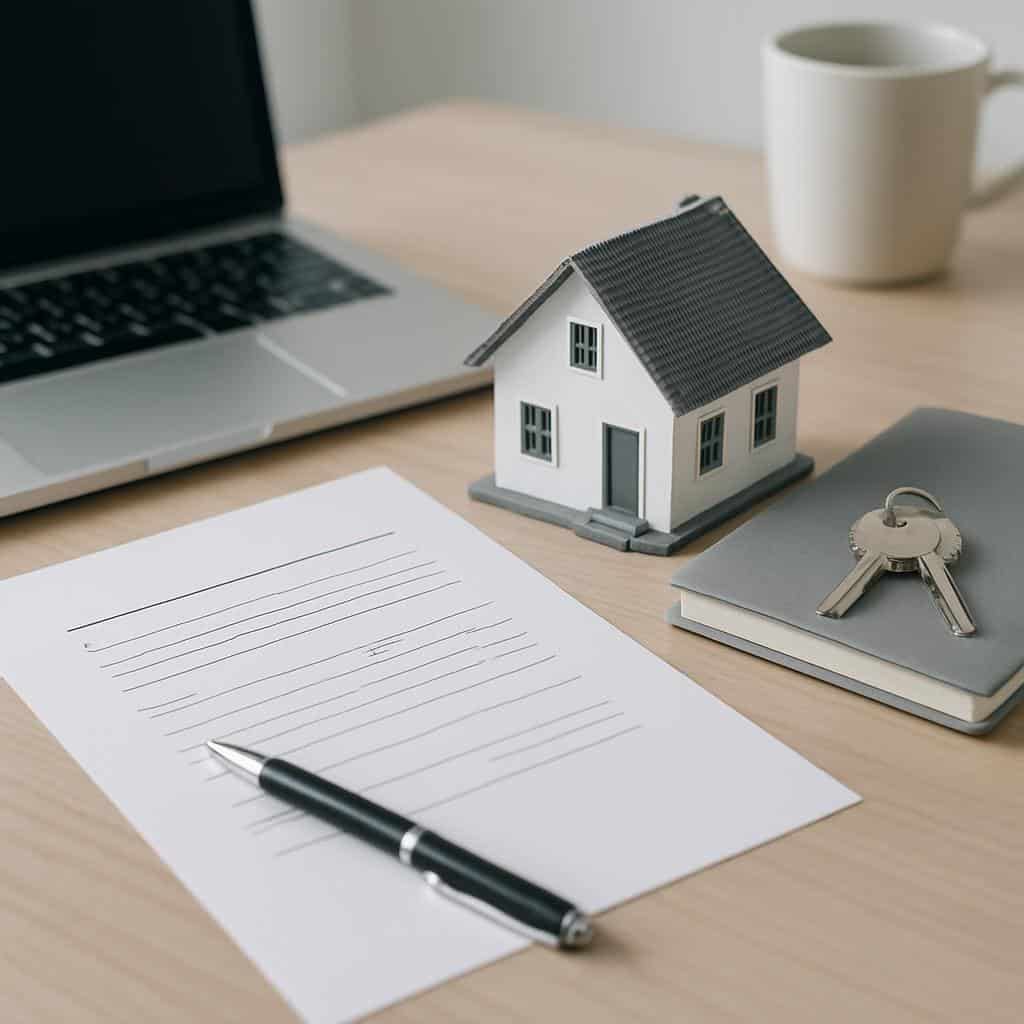 Bureau avec maison miniature, papier pour contrat et stylo à côté du trousseau de clés, de l'ordinateur portable et de la tasse de café