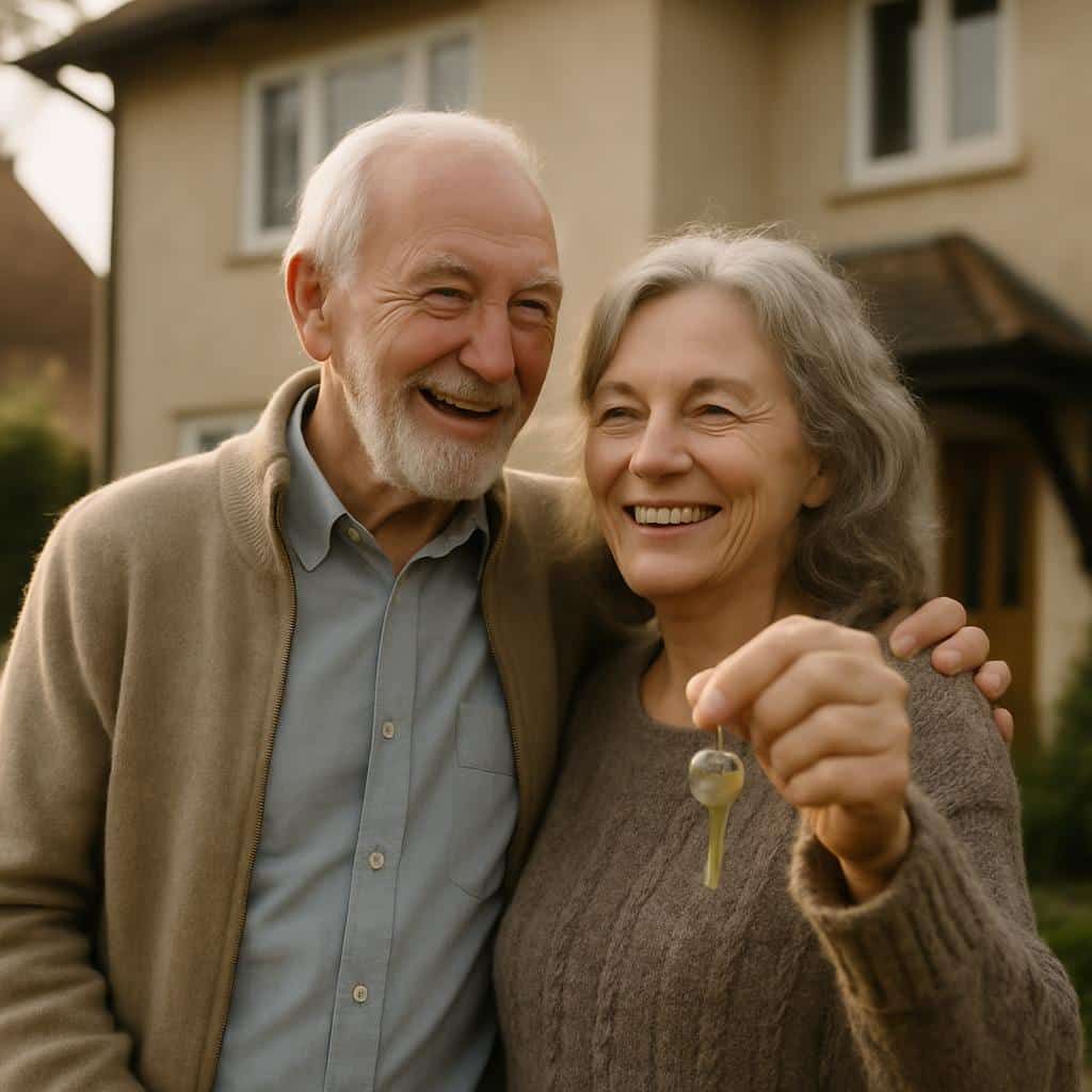 Vue de face d'un couple âgé devant une maison individuelle tenant la clé de la porte d'entrée en souriant