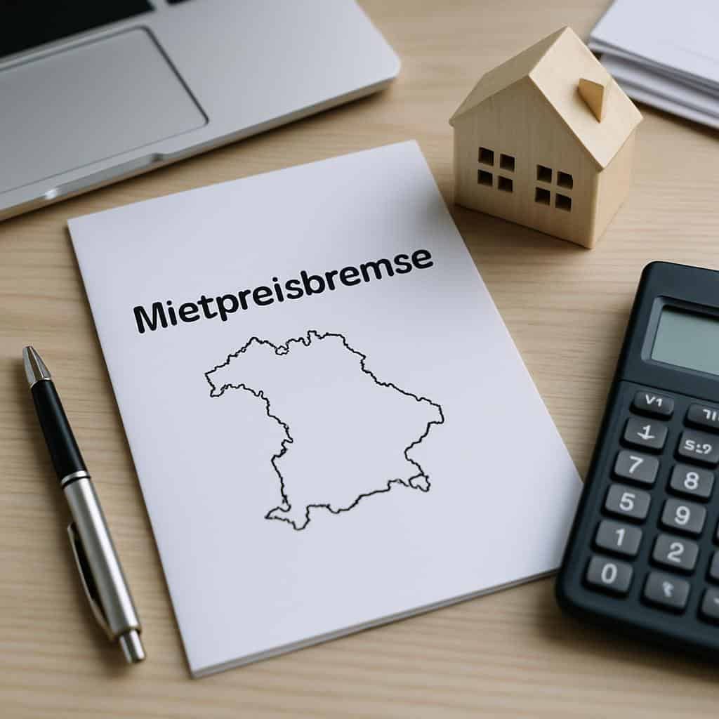 Flyer zur Mietpreisbremse mit Umrisskarte Bayerns neben Holzhausmodell Stift Laptop und Taschenrechner auf Schreibtisch