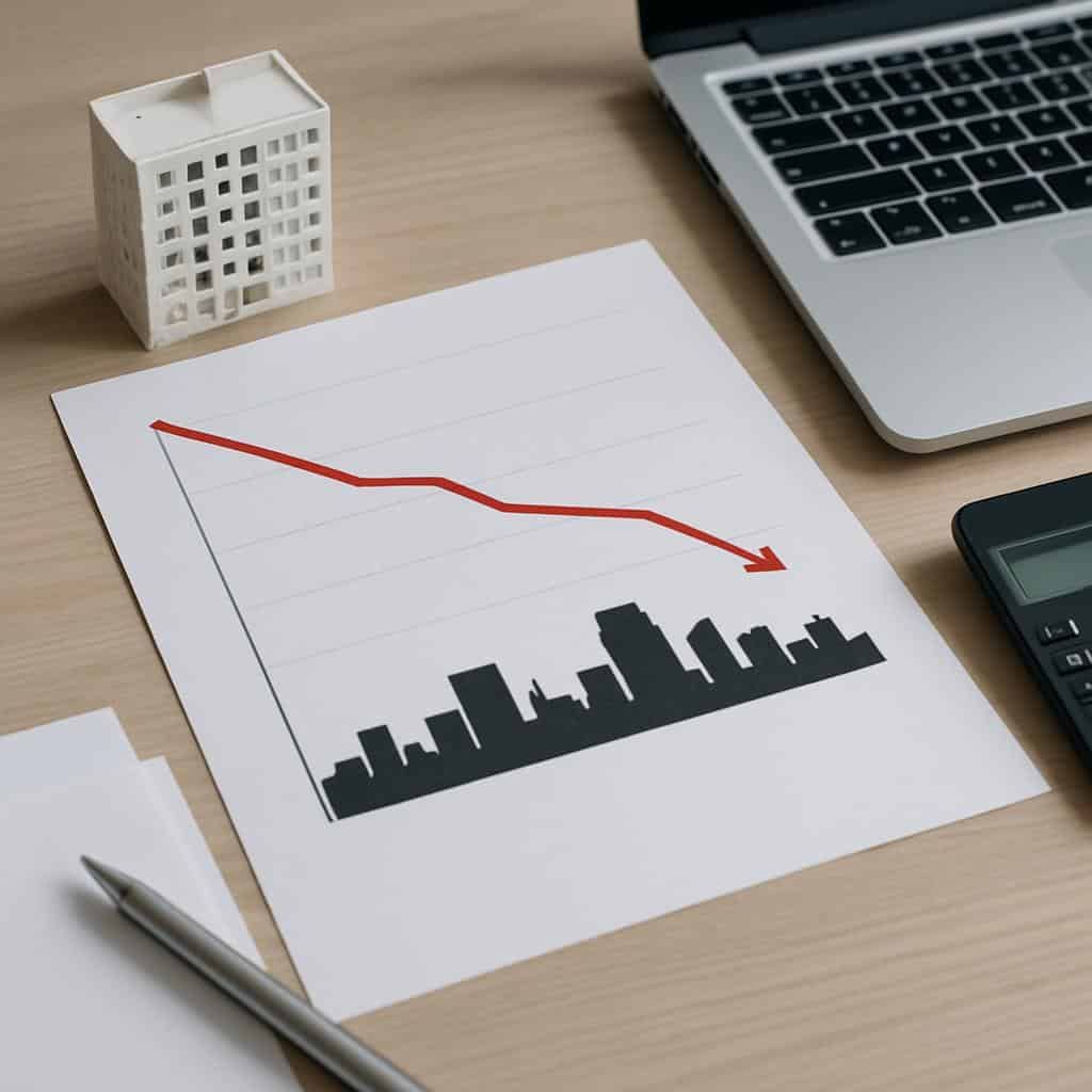 Sobre uma secretária Papel com uma linha do horizonte a cinzento-preto e uma seta vermelha para baixo junto a uma casa modelo branca Computador portátil e calculadora