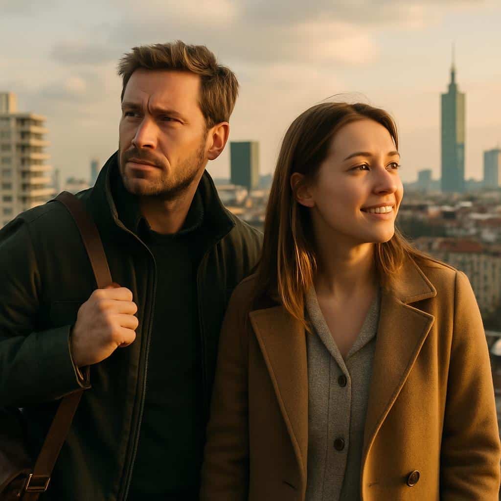 Jovem casal no terraço do telhado com vista para o panorama da cidade à luz quente da noite