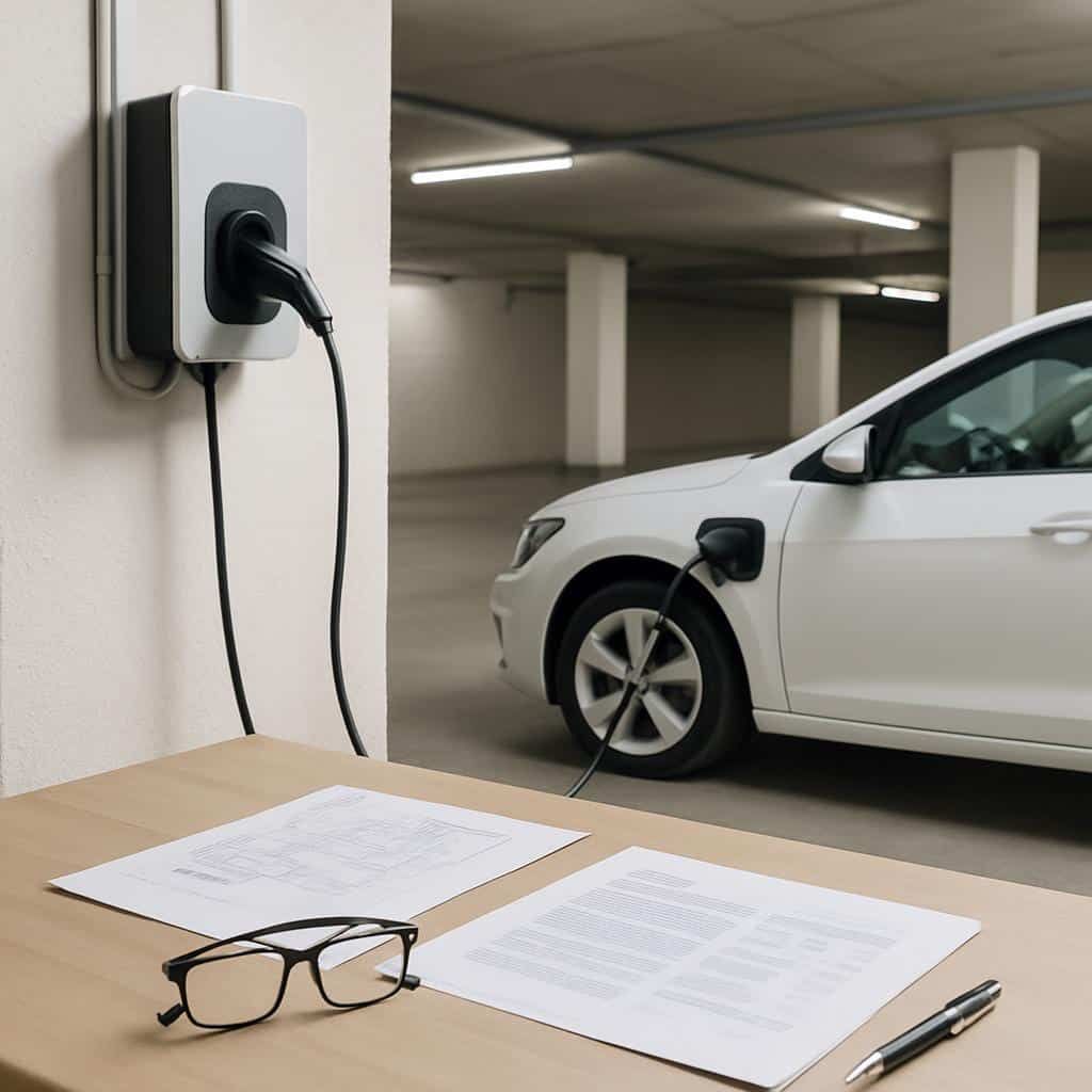 Elektroauto an Ladestation in Tiefgarage neben Tisch mit Brille und Unterlagen