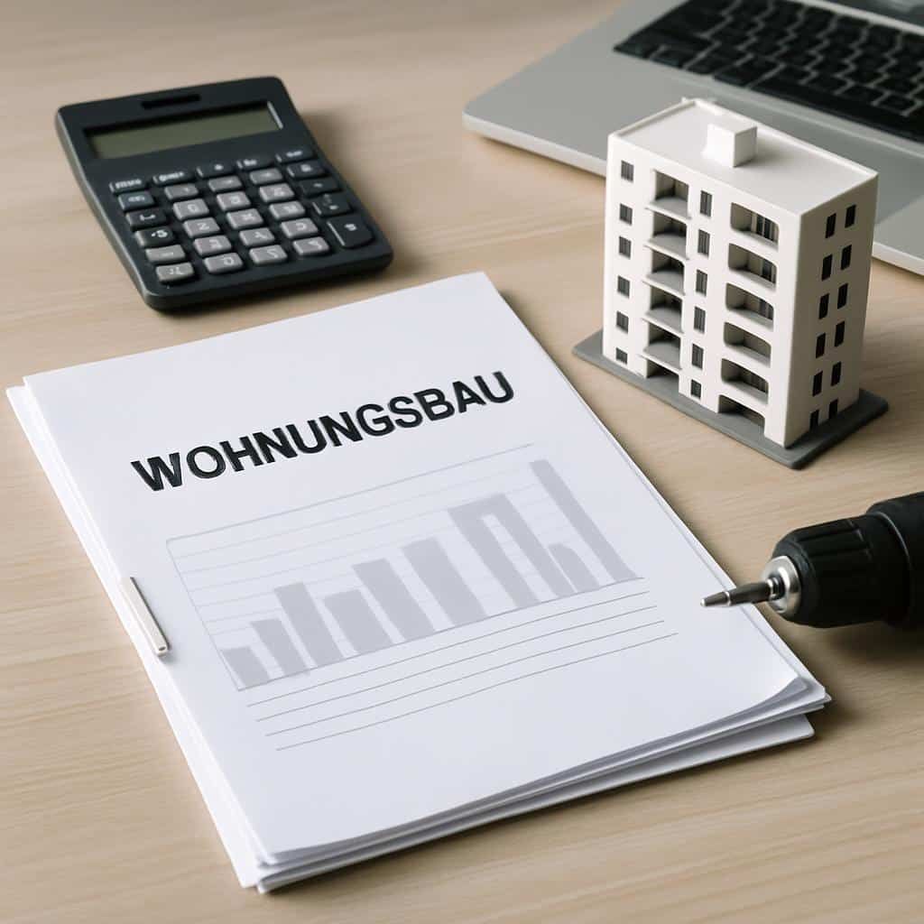 Vista superior de uma secretária com documentos de construção de habitações, modelo de um bloco de apartamentos com varandas, computador e computador portátil