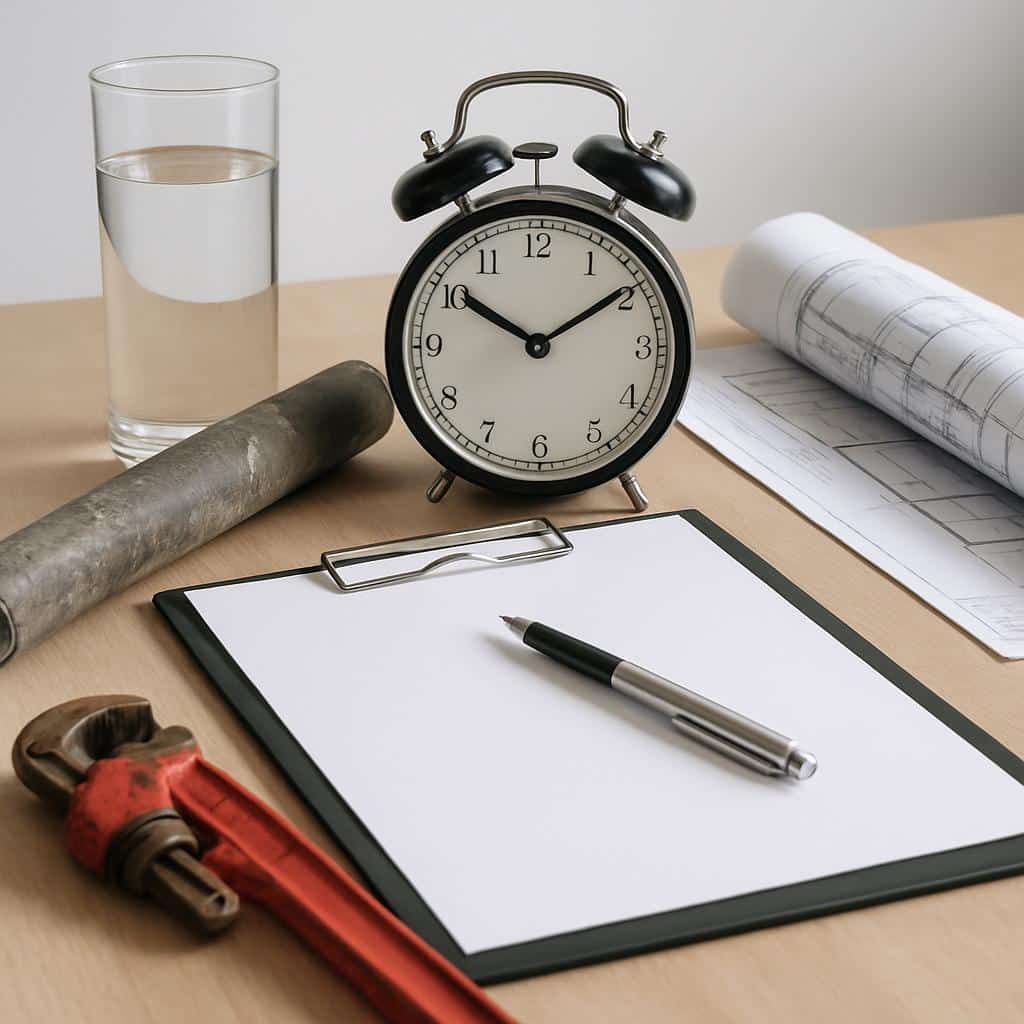 Auf einem Schreibtisch stehen Klemmbrett mit Stift und Wecker neben Glas Wasser während Baupläne mit Rohr und Rohrzange liegen
