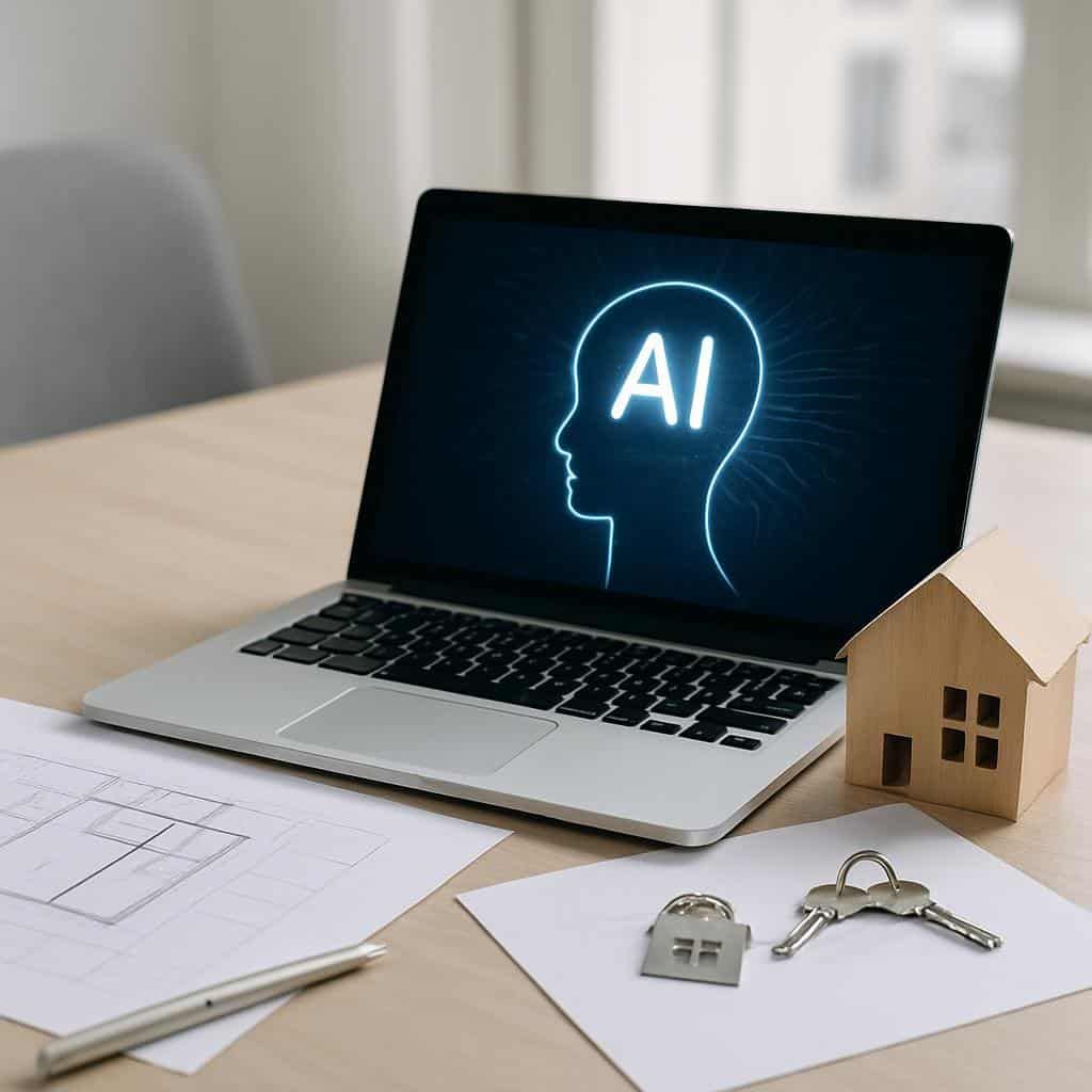 Seitliche Ansicht eines geöffneten Laptops mit leuchtender KI-Silhouette neben Miniatur-Holzhaus und Hausschlüssel auf Tisch