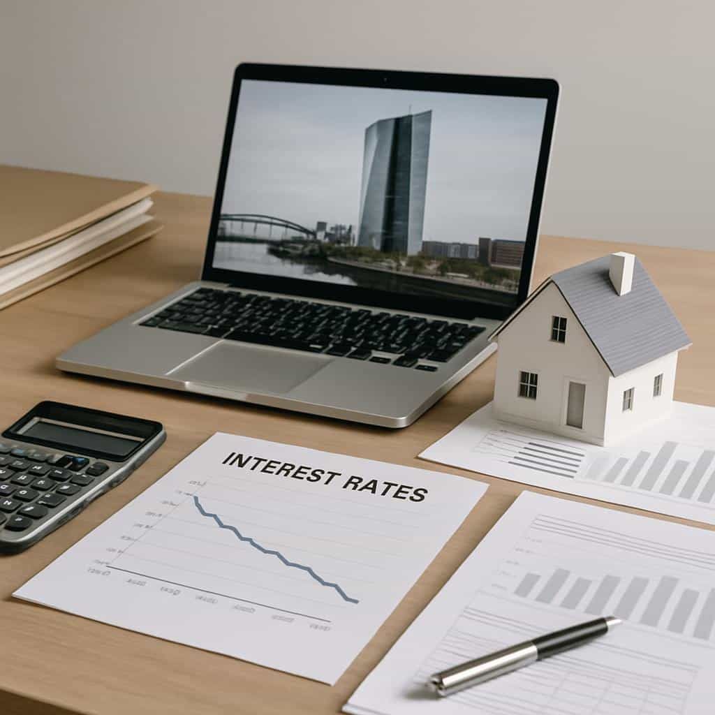 Schreibtisch mit Miniaturhausmodell, Laptop mit Hochhausfoto, Zinsdiagrammen und Taschenrechner aus Vogelperspektive