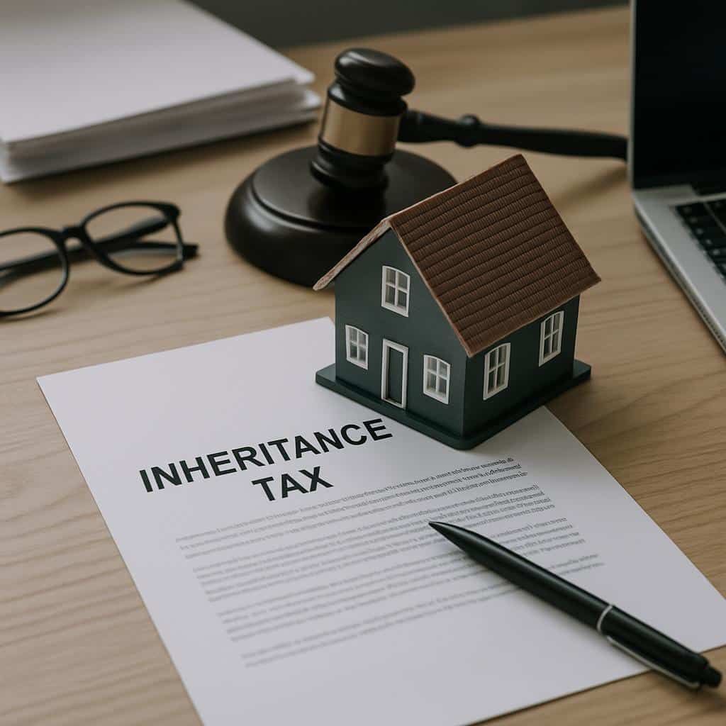 Schräg von oben Blick auf Miniaturhaus, Dokument mit Überschrift Inheritance Tax, Richterhammer und Stift auf Schreibtisch