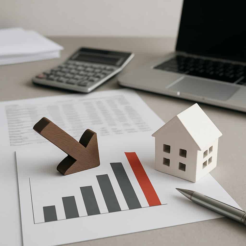 Modellhaus neben Balkendiagramm mit fallendem Pfeil Rechner und Stift symbolisiert sinkende Immobilienpreise