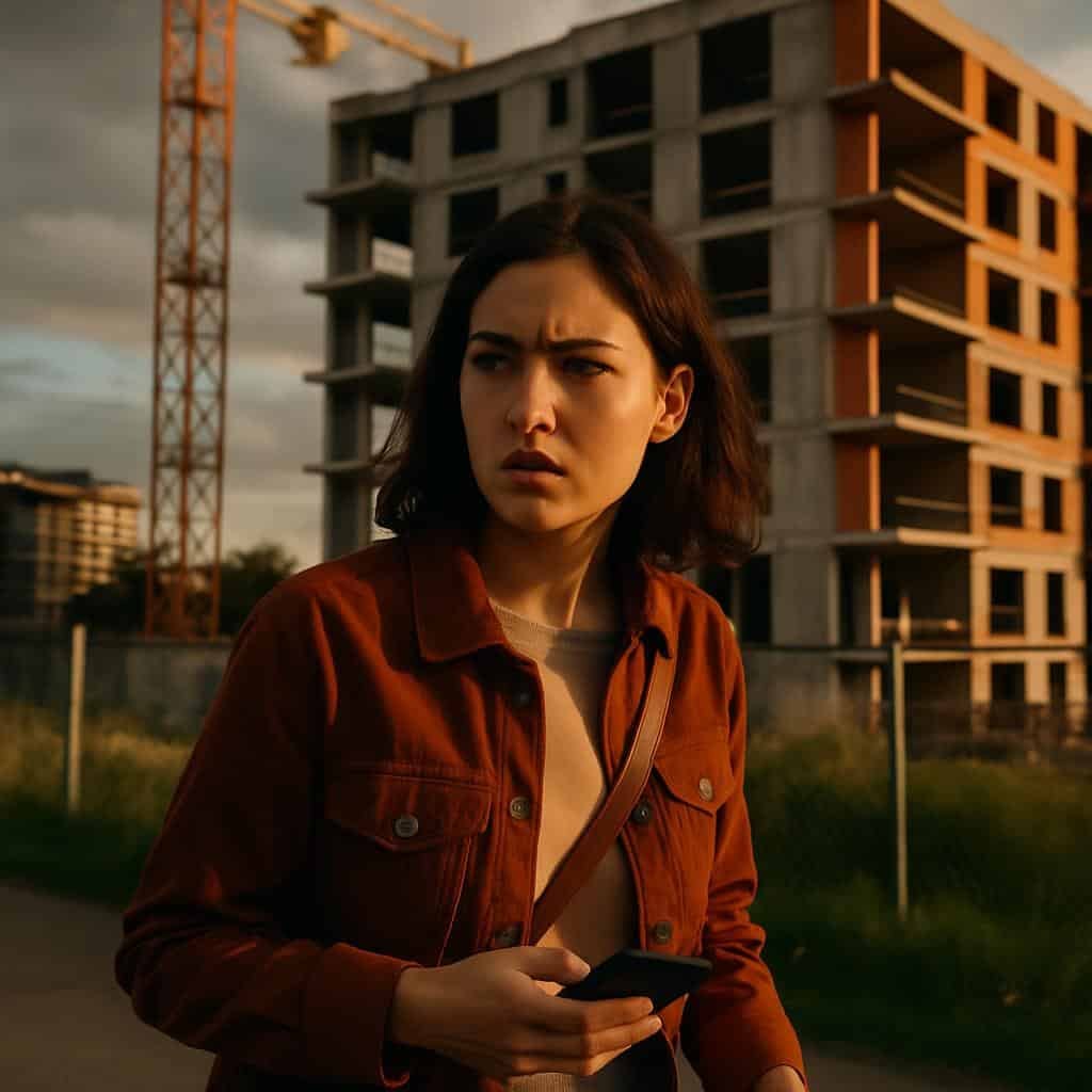 Mehrfamilienhausrohbau mit Betonstruktur und Baukran aus Frontperspektive