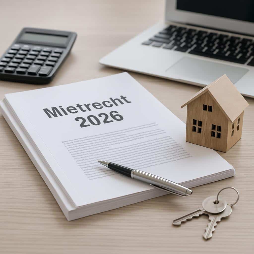 Schreibtisch mit Mietrechtsdokument 2026, Kugelschreiber, Holzhausmodell, Schlüsselbund und Rechner