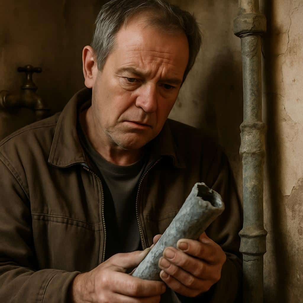 Nahaufnahme eines Handwerkers im Keller beim Prüfen einer alten Rohrleitung