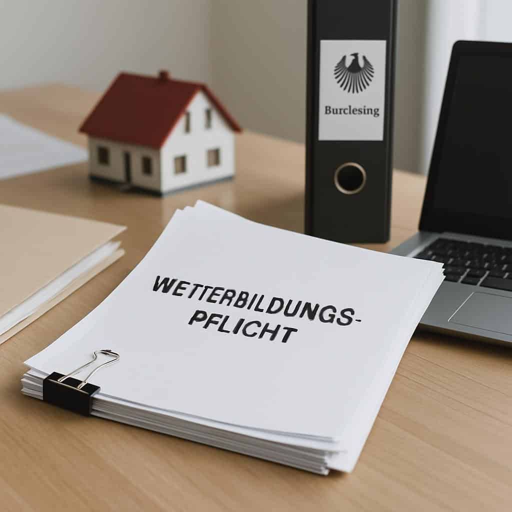 Schreibtisch mit Stapel Papier mit Schriftzug Weiterbildungspflicht, Modellhaus, Aktenordner mit Bundesadler und Laptop