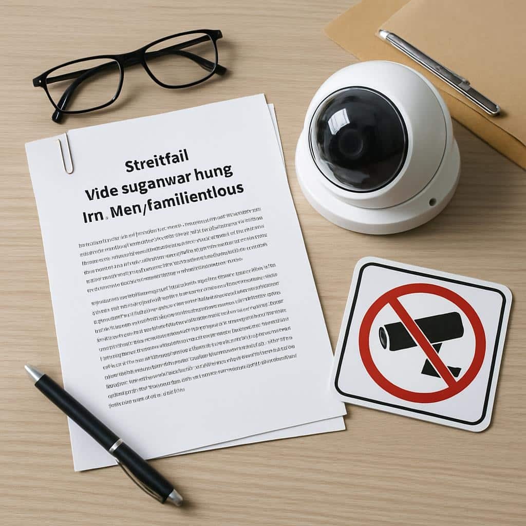 Draufsicht auf Dome-Überwachungskamera mit durchgestrichenem Kamera-Icon und Bürounterlagen