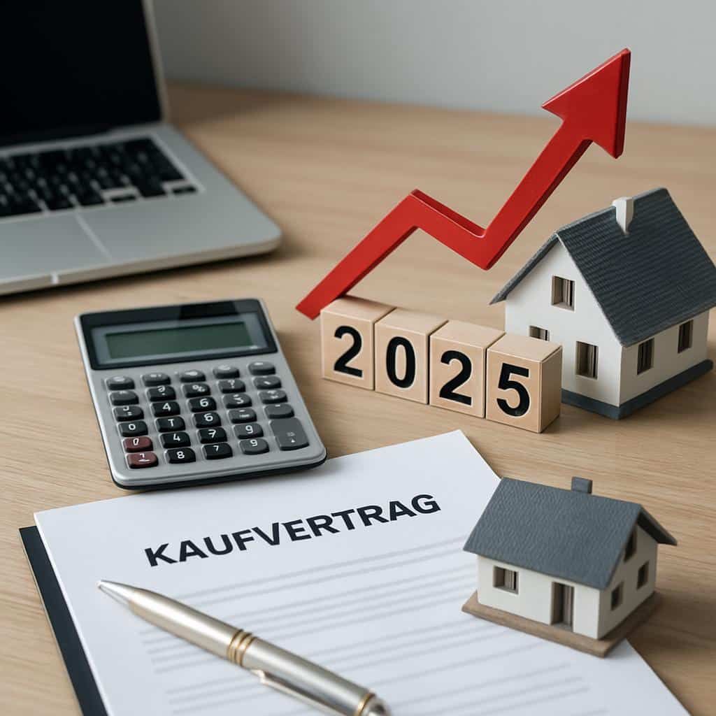 Symbolbild steigender Immobilienwerte 2025 mit Miniaturhäusern, Vertragsdokument und rotem Aufwärtspfeil