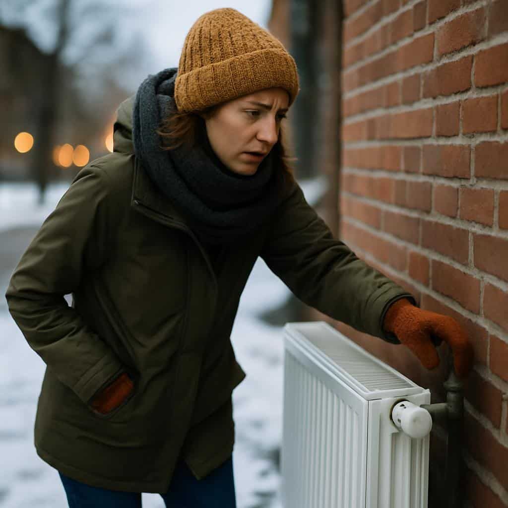 Widok z boku elewacji z cegły klinkierowej z zainstalowanym białym grzejnikiem i podłączonym zaworem