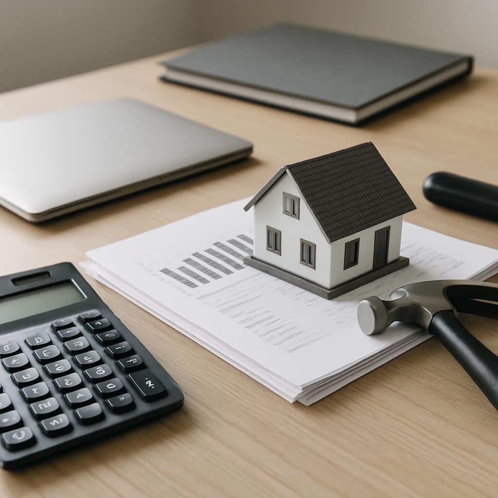 Modellhaus auf Vertragsunterlagen neben Taschenrechner und Hammer auf Holztisch aus schräger Draufsicht