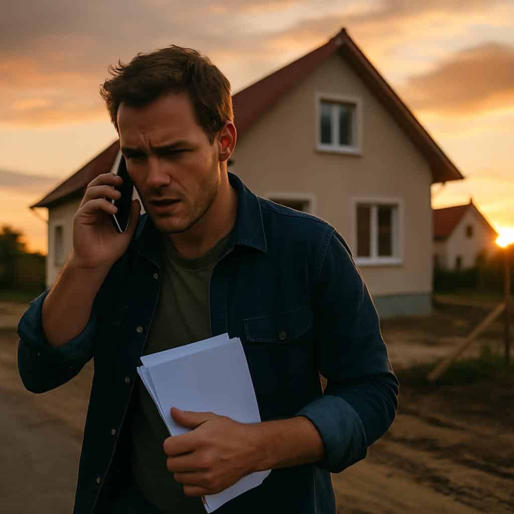 Freistehendes Einfamilienhaus mit hellverputzter Fassade und rotem Satteldach aus Frontperspektive bei Sonnenuntergang