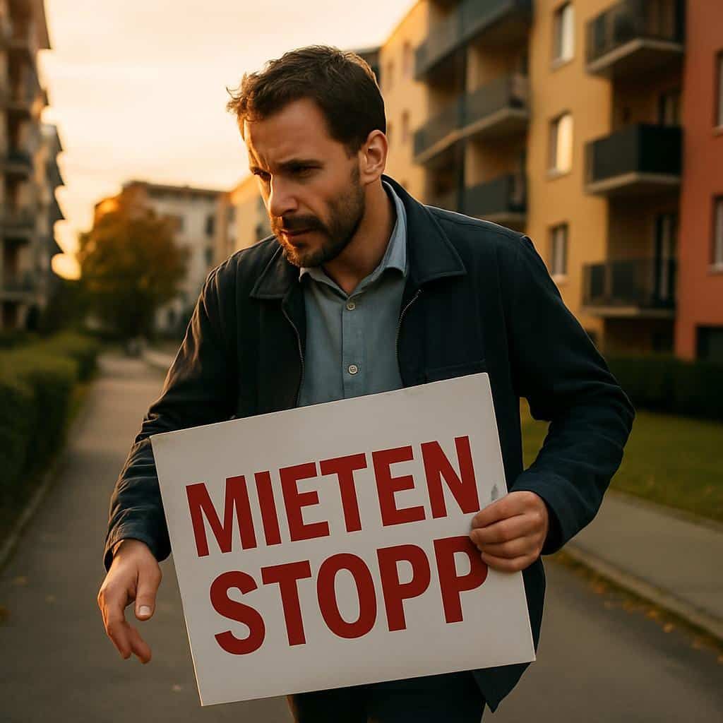 Plakat mit rotem Schriftzug MIETEN STOPP vor Mehrfamilienhäusern bei Dämmerung
