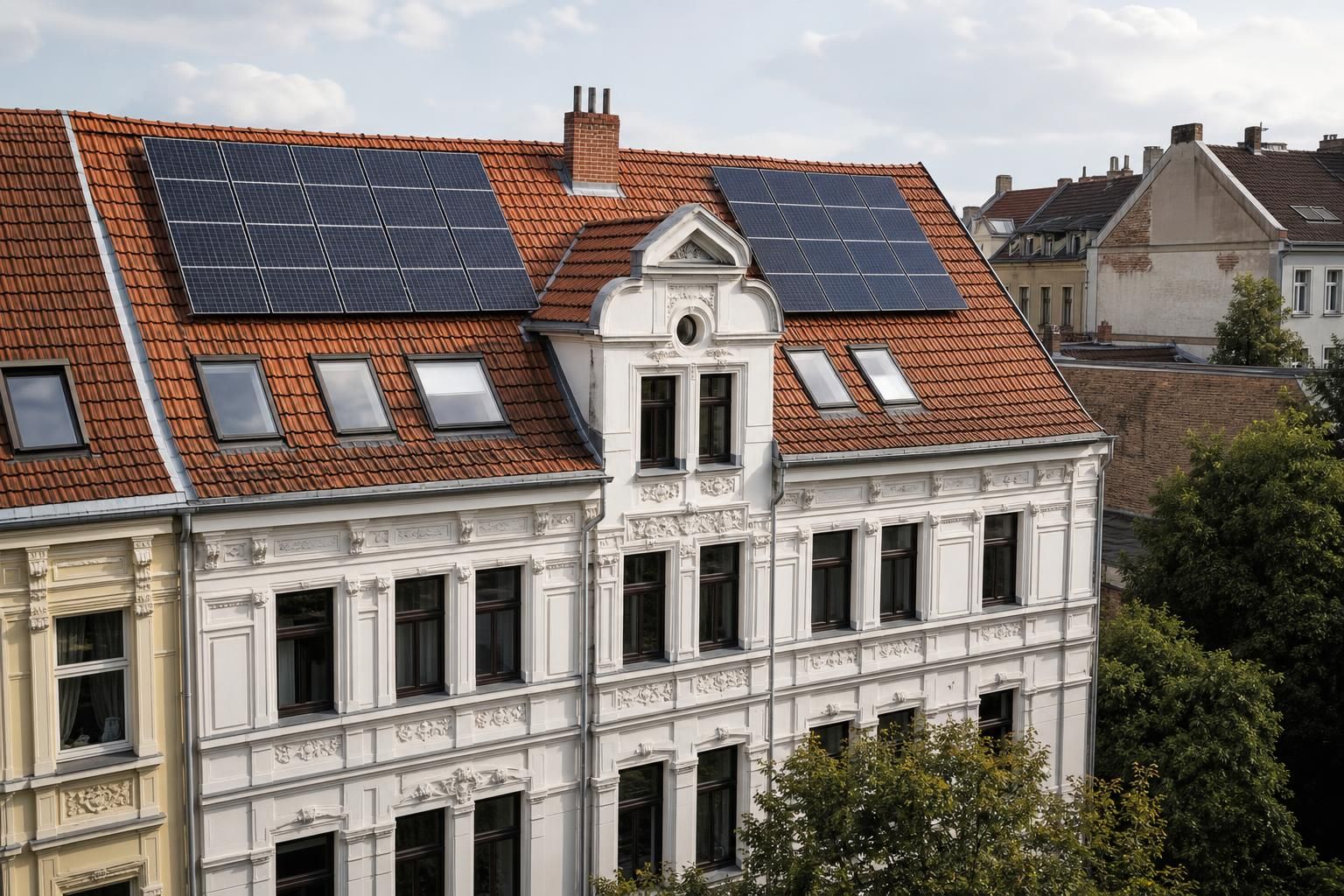 Symbolbild: Älteres Stadthaus mit Solarmodulen auf dem Ziegeldach