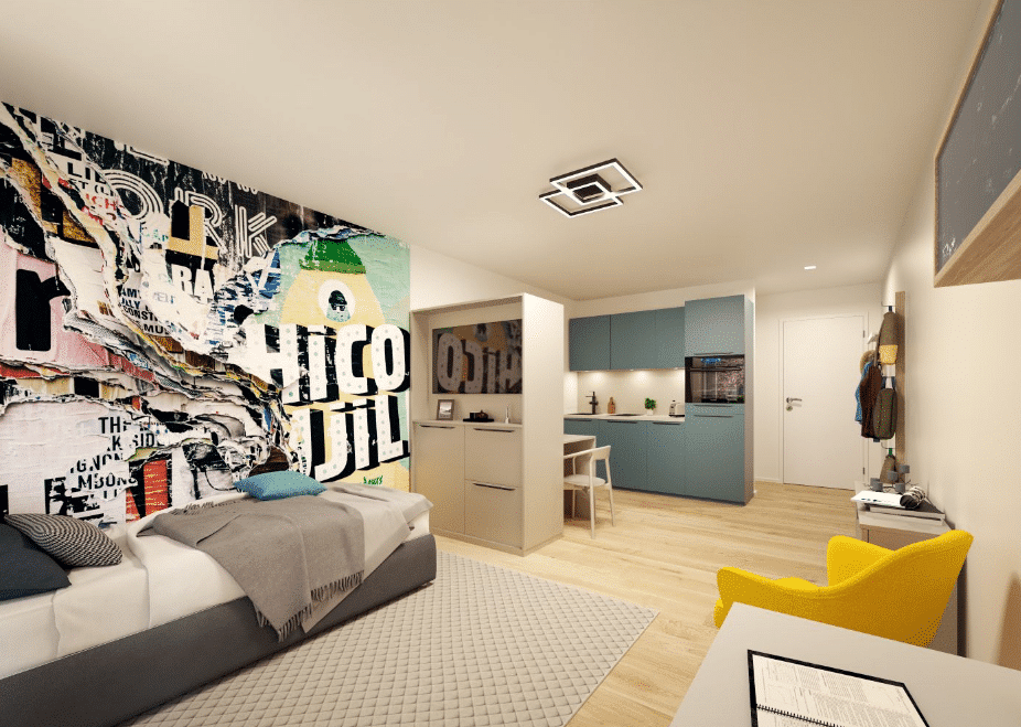 Wohn- und Schlafbereich mit Küchenblick