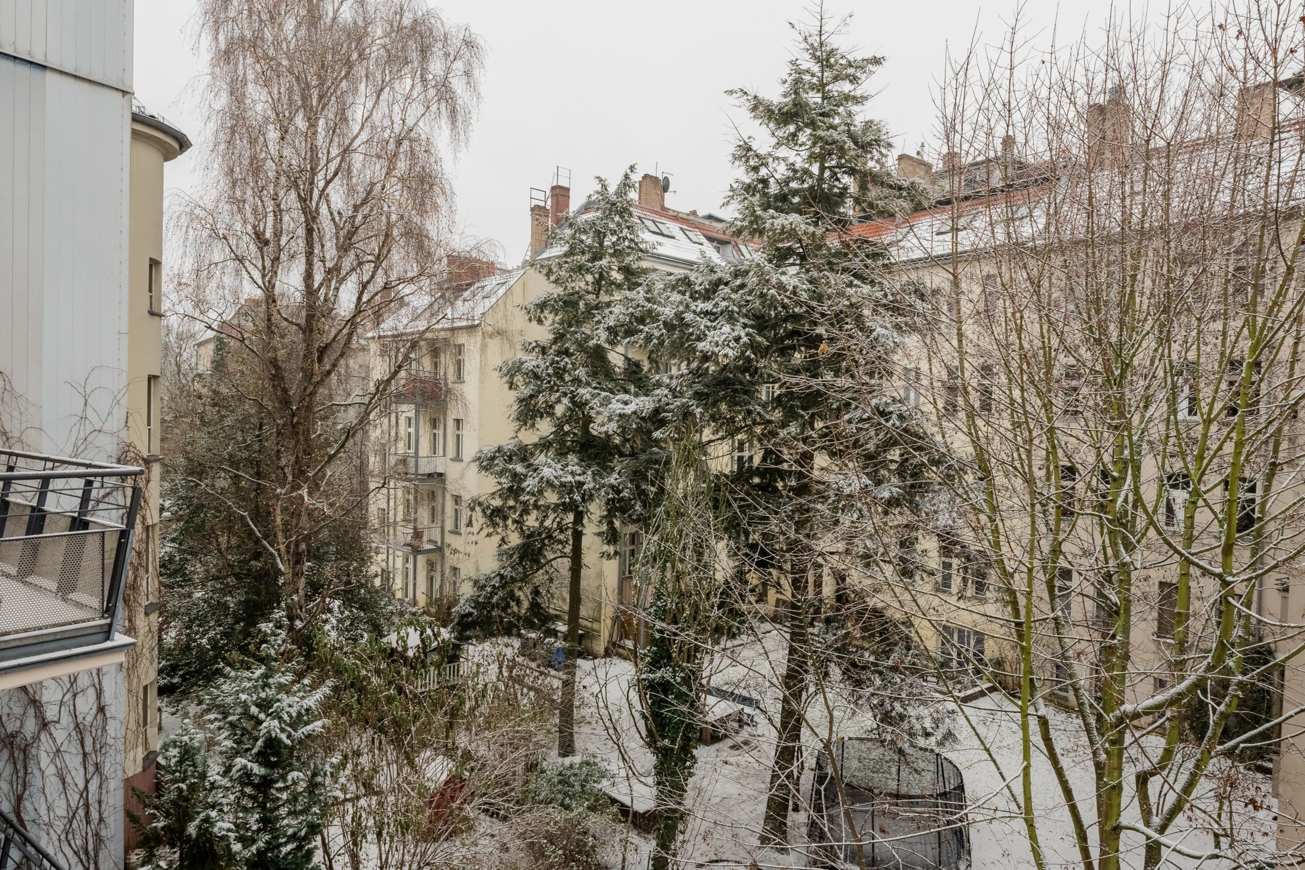 Verschneiter Innenhof mit Laub- und Nadelbäumen umgeben von mehrgeschossigen Altbauwohnungen mit kleinen Balkonen