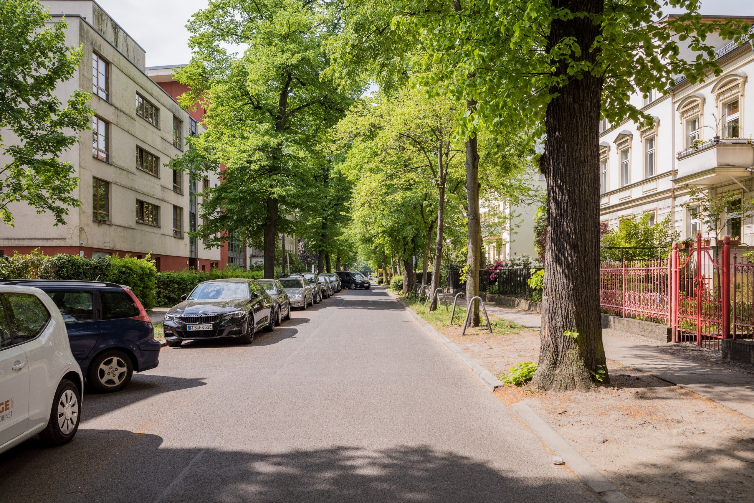 Blick auf baumgesäumte Wohnstraße mit parkenden Autos gegenüber Altbau mit Zierfassade und modernem Mehrfamilienhaus