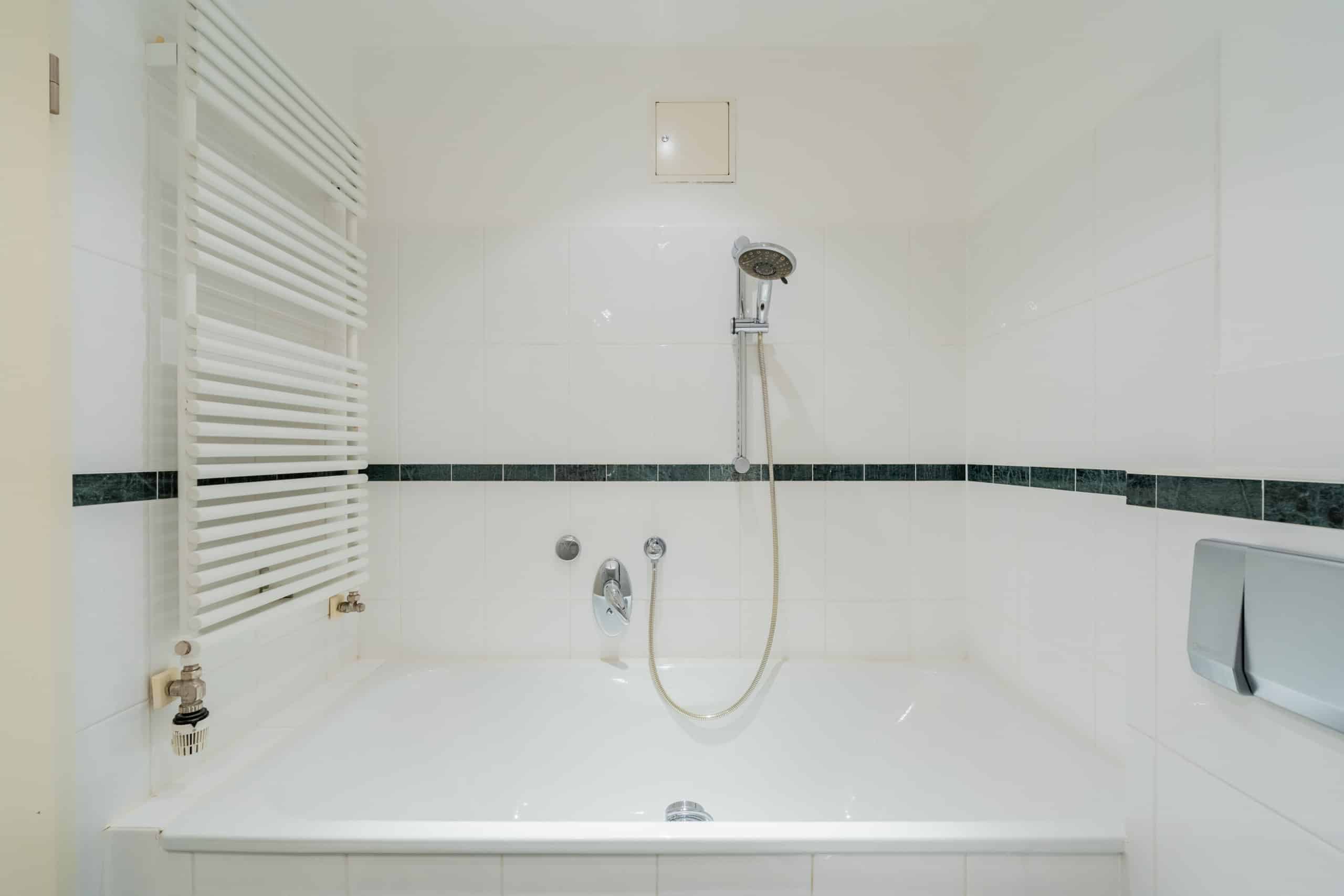 Innenansicht Badezimmer mit weißer Badewanne, verstellbarer Handbrause, grünem Fliesenspiegel und senkrechtem Heizkörper