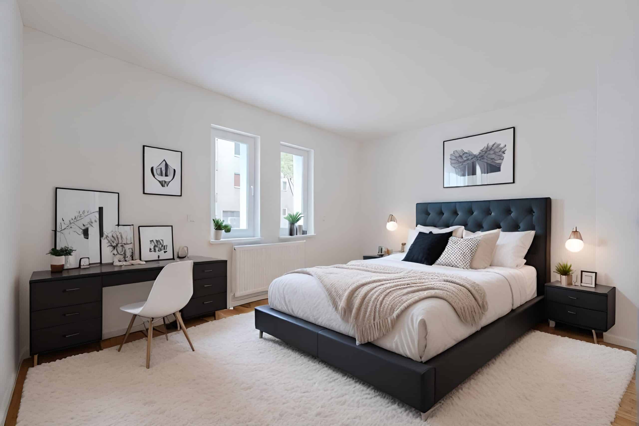 Innenansicht modernes Schlafzimmer in Eckperspektive mit Doppelbett, Nachttischen, Schreibtisch und Teppich