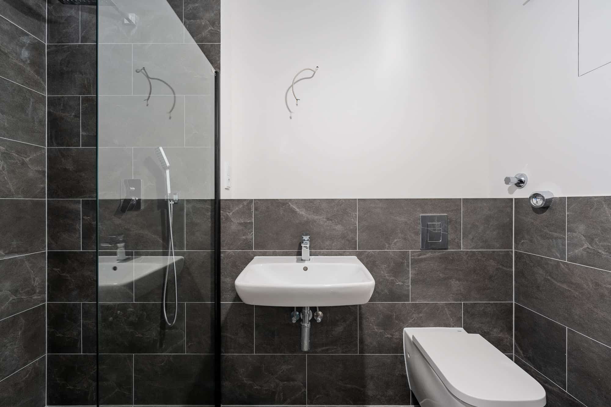Innenansicht Badezimmer mit Glasdusche graue Fliesen weißes Wandwaschbecken und Wand-WC