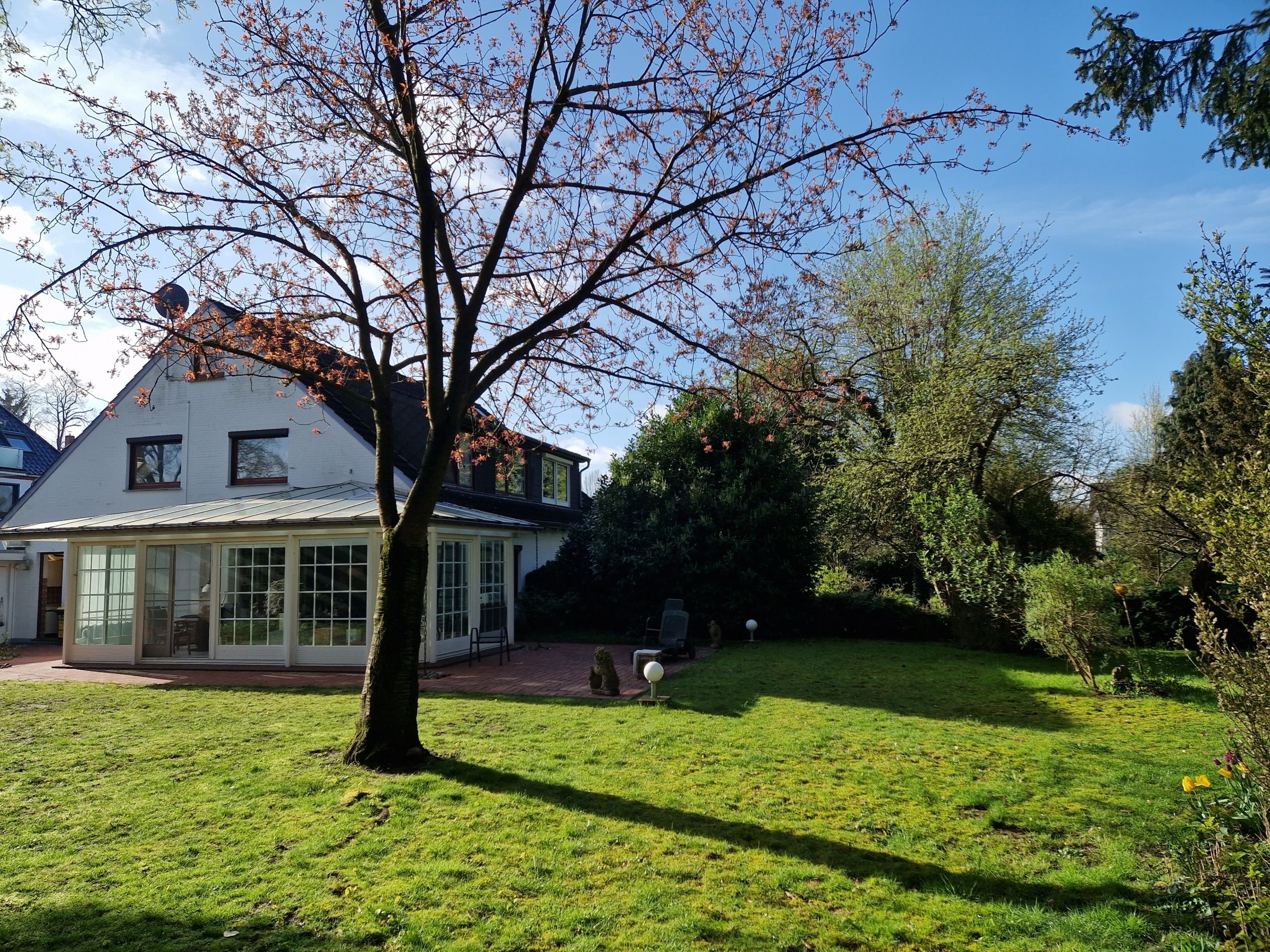 Gartenansicht eines weißen Einfamilienhauses mit Glaswintergarten Rasen und Baum