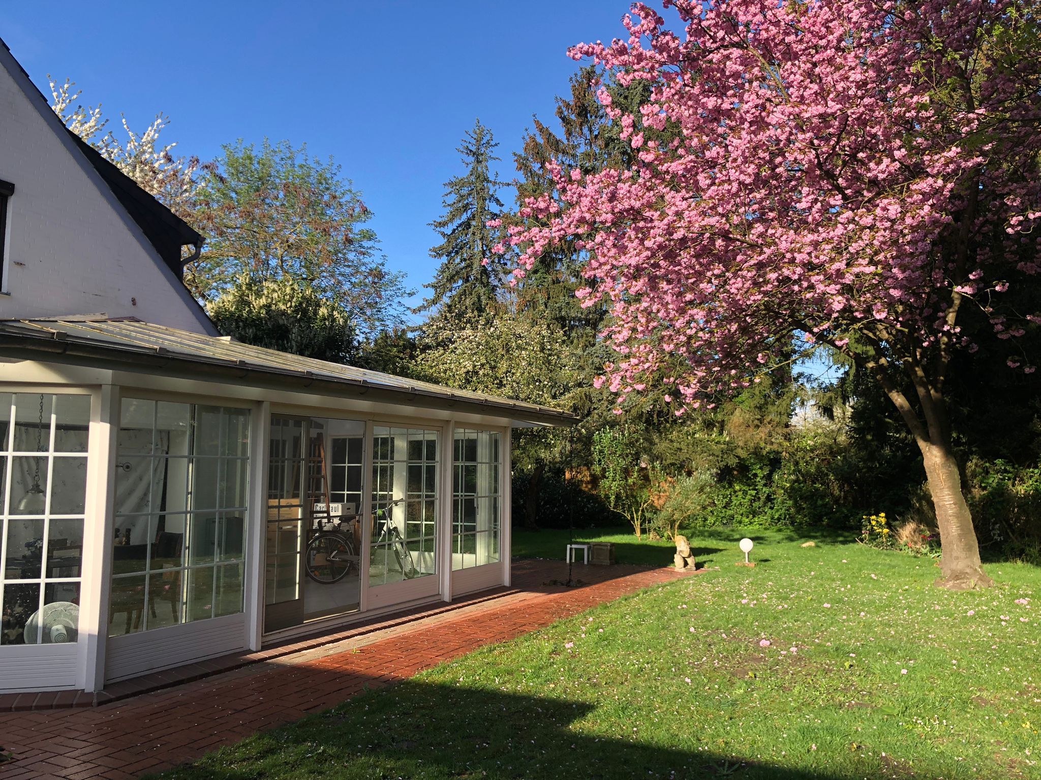 Frontansicht eines Einfamilienhauses mit verglastem Wintergarten und blühendem Kirschbaum im Garten