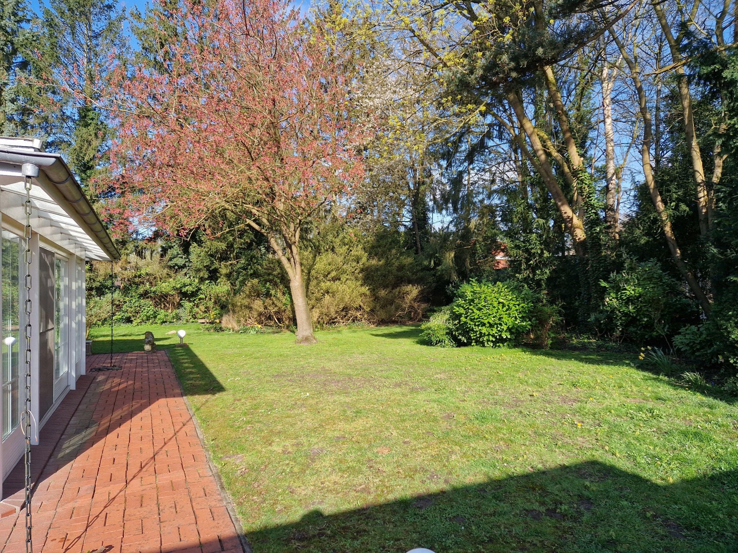 Hinterer Hausbereich mit verglaster Terrasse und offener Rasenfläche im Garten mit blühendem Baum