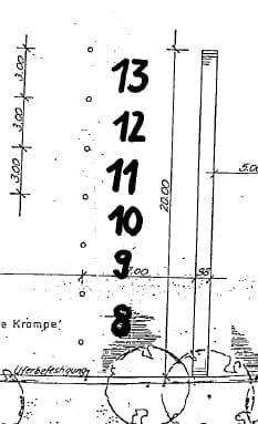 Croquis del plano de construcción con elevaciones y marcas - Amarre de barcos en el Große Krampe de Müggelheim