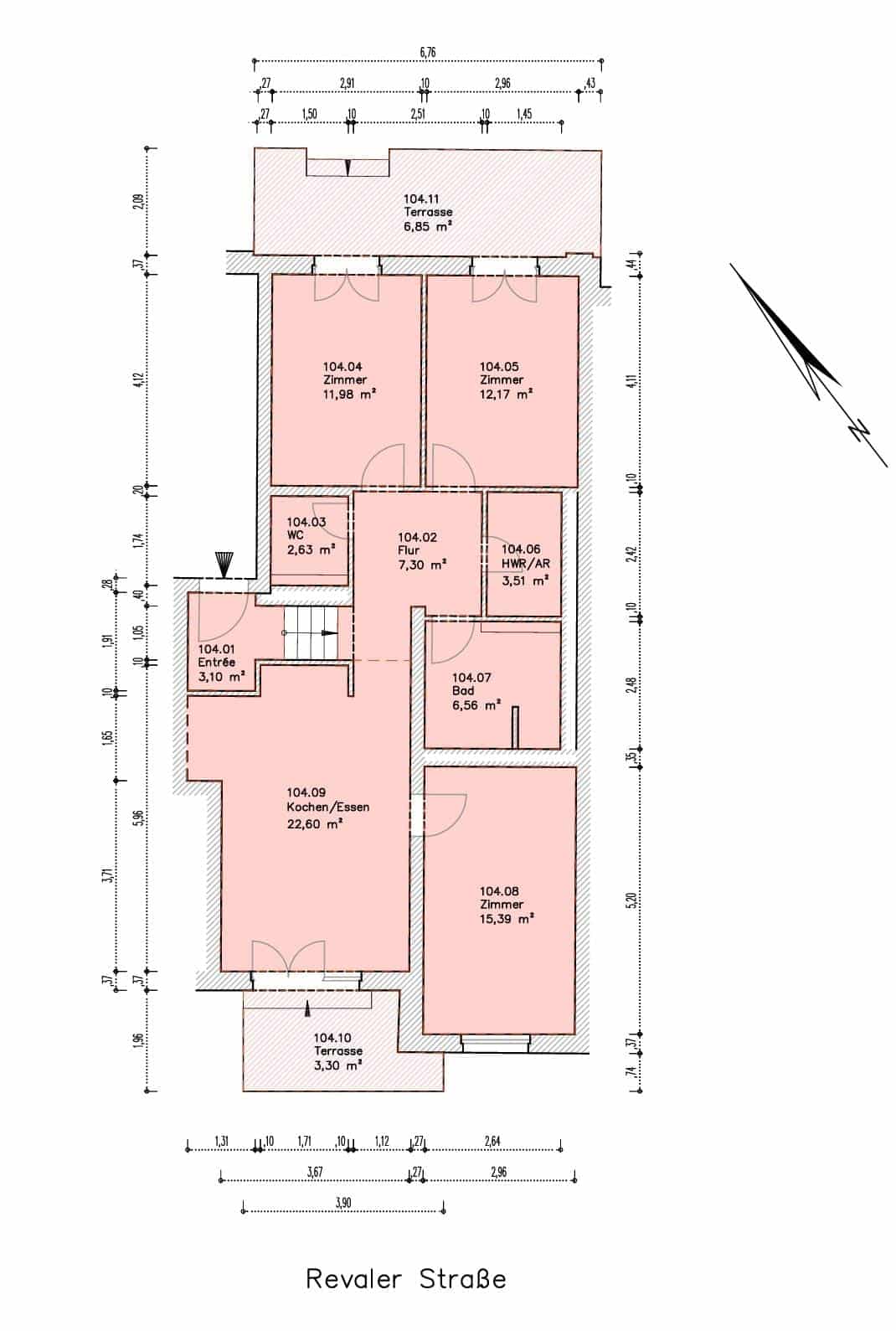 Grundriss einer Wohnung mit offener Küche und Essbereich sowie drei Zimmern Bad WC Hauswirtschaftsraum und zwei Terrassen