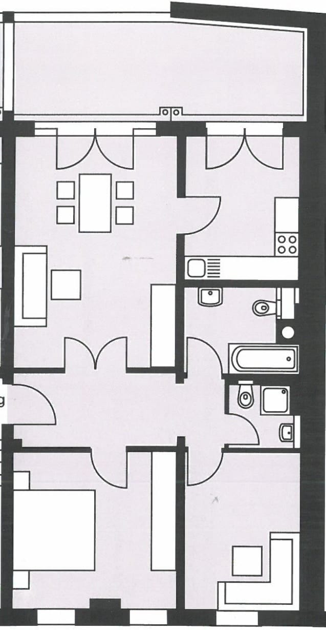Grundriss einer 3-Zimmer-Wohnung Draufsicht mit Wohnzimmer Essbereich Küche Bad Schlafzimmer