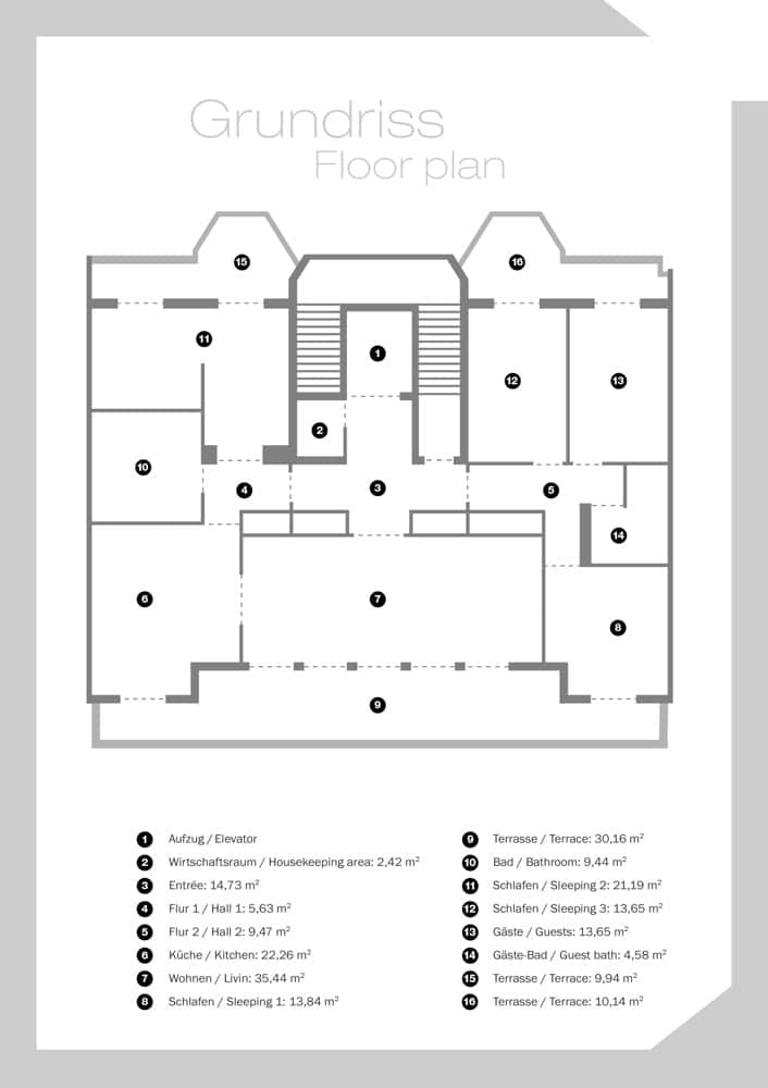 Architektonischer Grundriss einer Wohnung in Draufsicht mit Eingangsbereich Flur Küche Wohnraum Schlafräume und Terrassen
