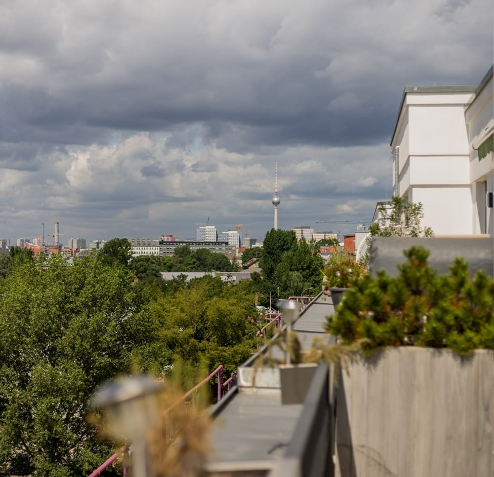 Balkon eines modernen Stadtapartments mit Pflanzkübeln und weißer Fassade mit Blick auf Berliner Fernsehturm und Stadtgrün