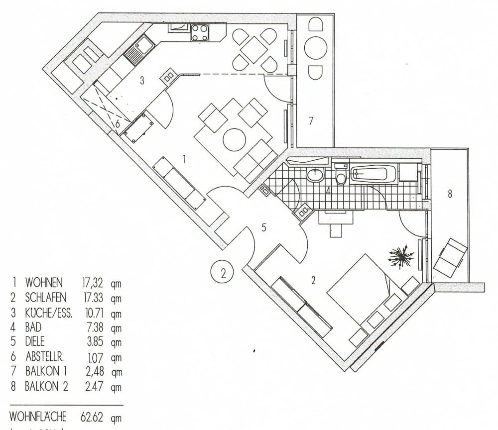 Schwarzweißer Grundriss einer 62,6 m² großen Zweizimmerwohnung mit offener Küche, Bad, Abstellraum und zwei Balkonen