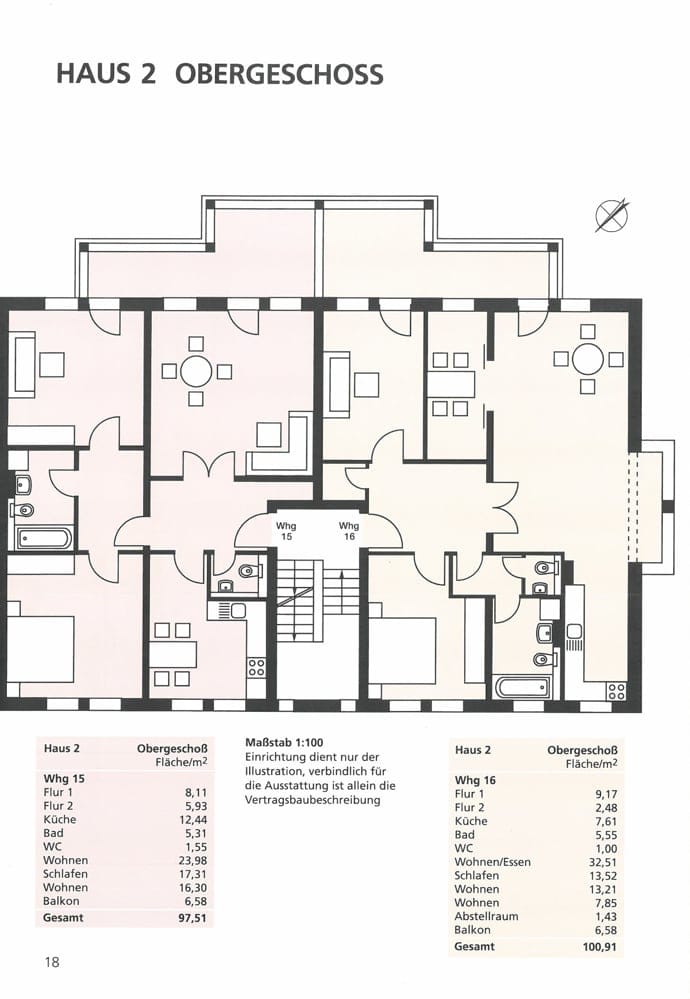 Grundriss Obergeschoss Haus 2 mit zwei Wohnungen 15 und 16 mit Küche Bad Wohnraum Schlafraum und Balkone