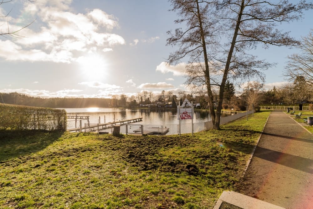 Uferpromenade mit Parkweg und Holzsteg auf Wiese vor kahlen Bäumen im Gegenlicht