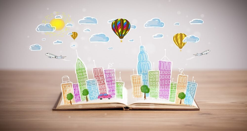 Open book with colourful city silhouette of multi-storey residential and commercial buildings, balloons and aeroplanes from the front