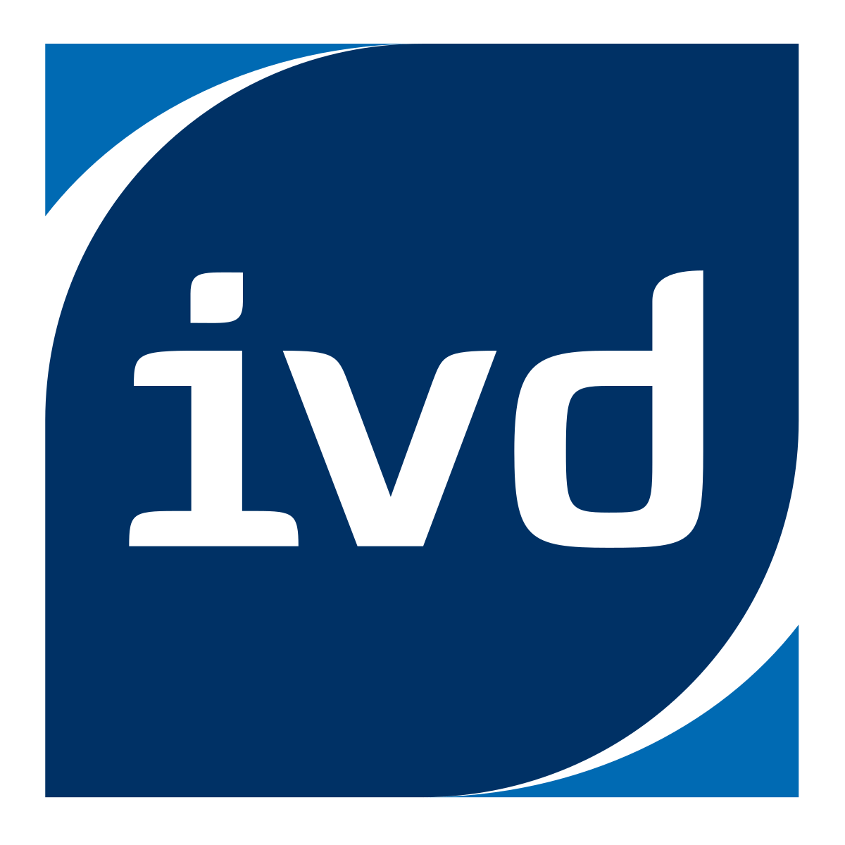 Logo des ivd in weißer Schrift auf dunkelblauem Quadrat mit geschwungener weißer und hellblauer Eckgestaltung