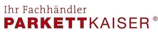 Logo des Bodenhändlers Parkettkaiser in roter Schrift auf weißem Grund