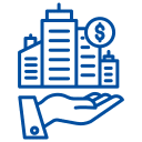 Flexmakler logo gestileerde wolkenkrabber skyline op open hand