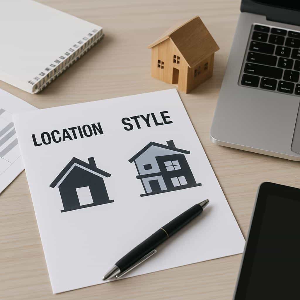 Vogelperspektive auf Schreibtisch mit Konzeptpapier LOCATION STYLE zwei Haus-Icons Modellhaus Stift und Laptop