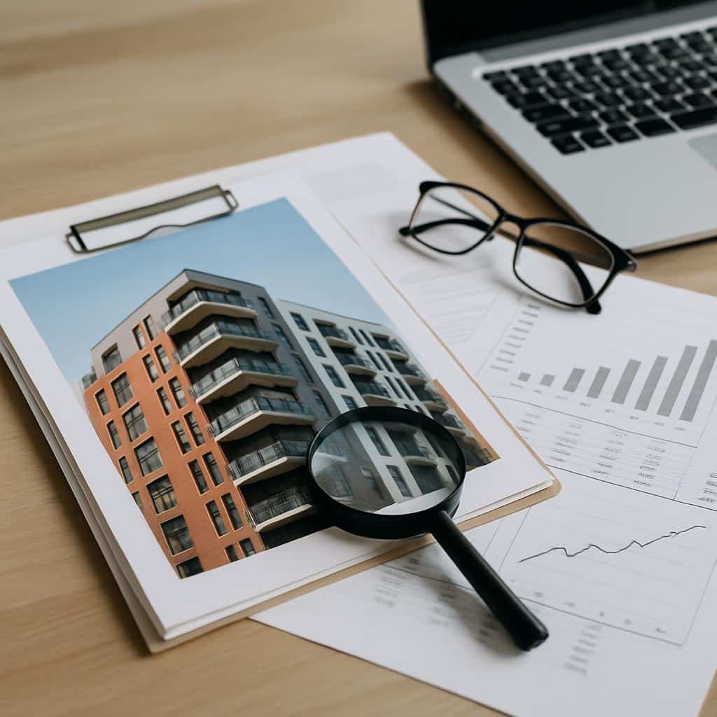 Schreibtisch mit Laptop, Brille und Lupe neben Foto eines modernen Mehrfamilienhauses mit Balkonen und Klinkerfassade