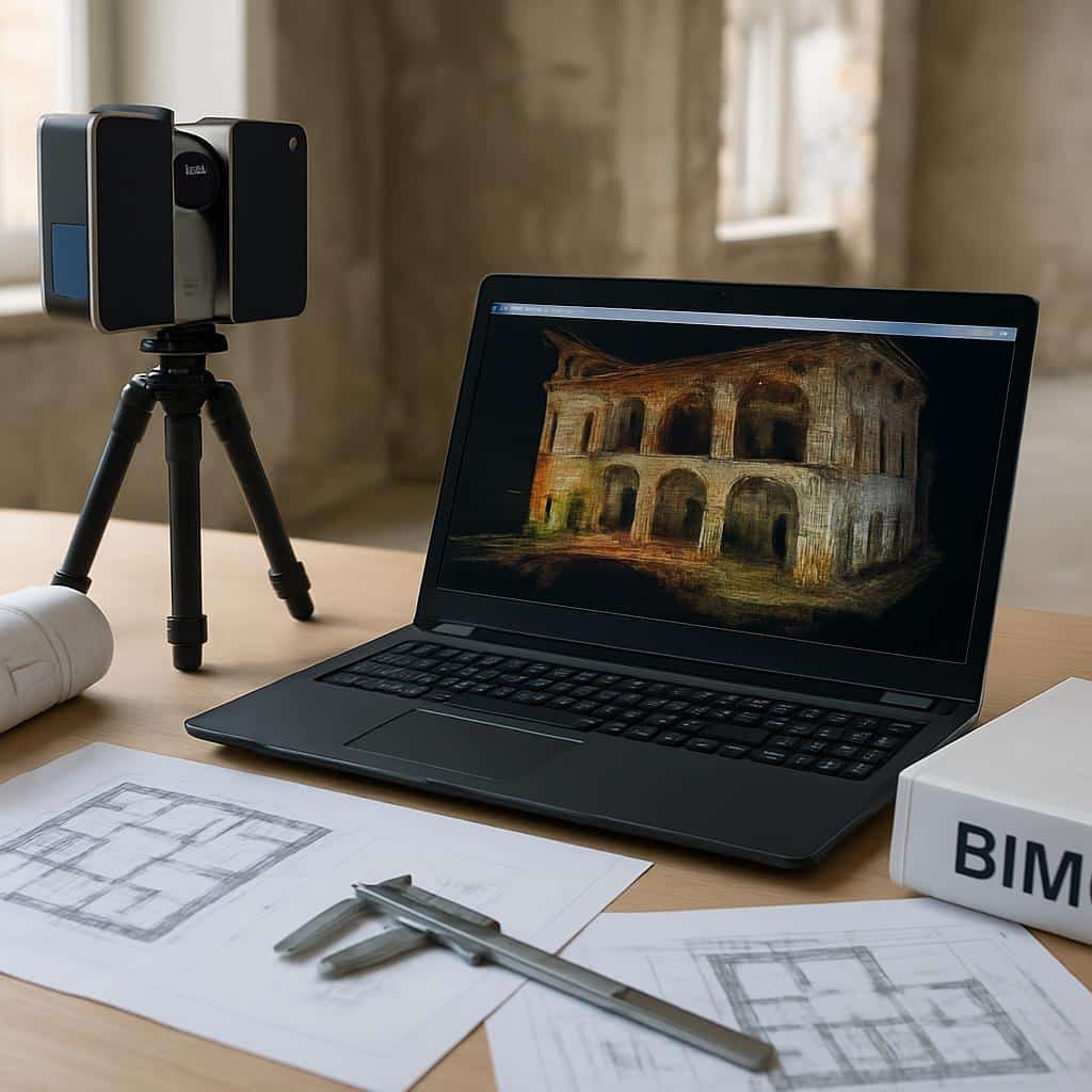 Laptop zeigt 3D-Laserscan einer zweigeschossigen Villa mit Arkadenfassade neben Kamera auf Stativ und Architekturplänen