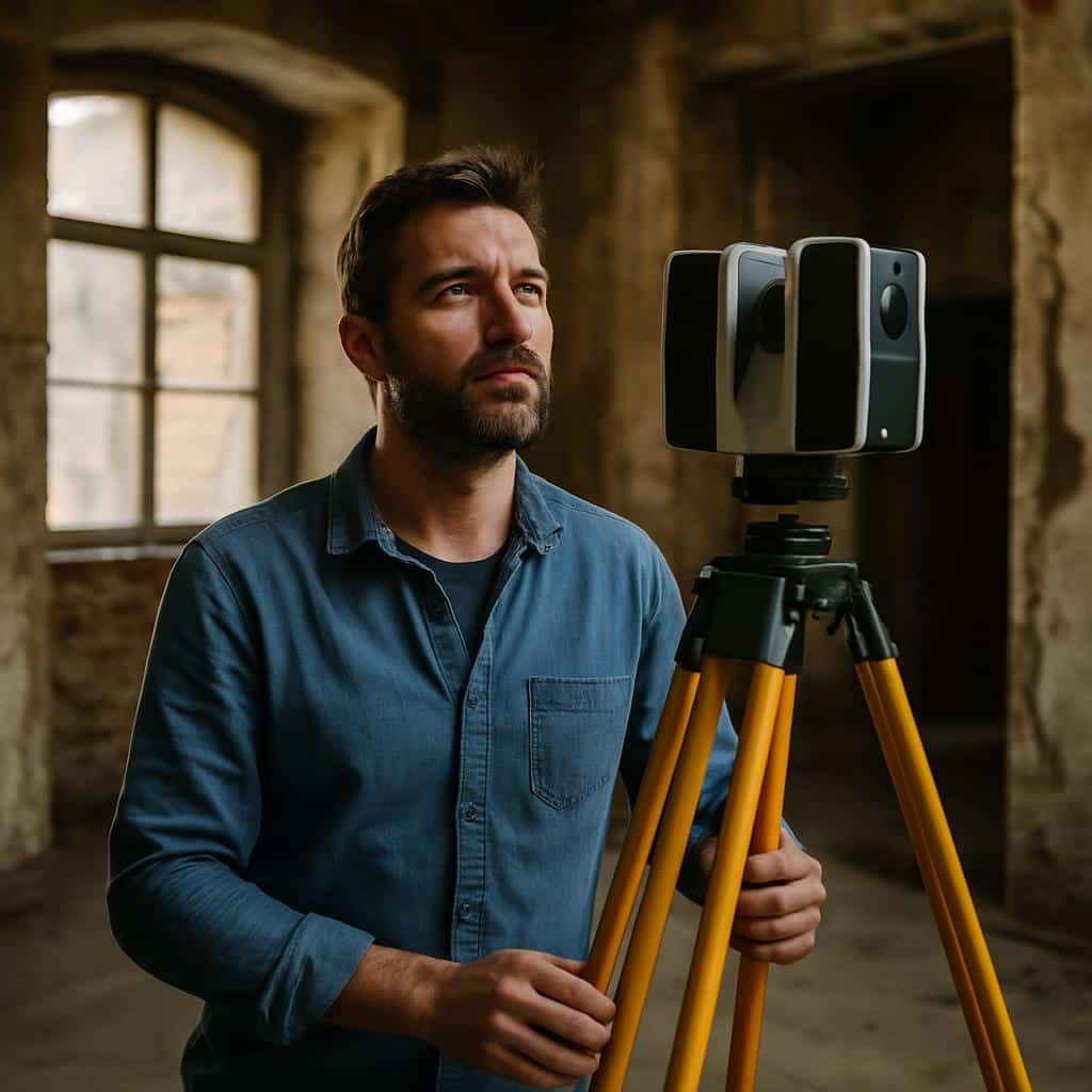 Frontansicht eines 3D-Laserscanners auf gelbem Stativ in unsaniertem Altbaurauwerk